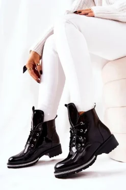 Boto Botki Sznurowane|Czarne Botki*Lakierowane Ocieplane Botki Czarne Grecia