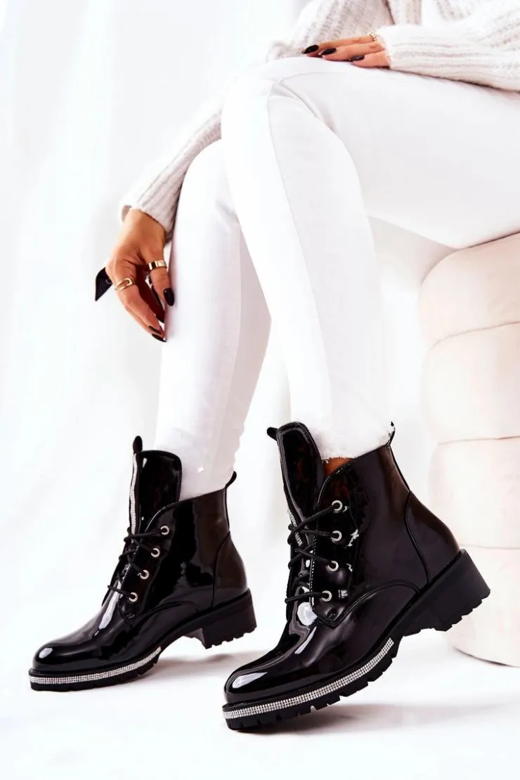 Boto Botki Sznurowane|Czarne Botki*Lakierowane Ocieplane Botki Czarne Grecia