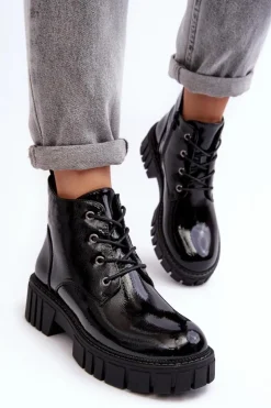 Buty Sergio Leone Botki Sznurowane|Czarne Botki*Lakierowane Ocieplane Botki Sznurowane Czarne Bjorg