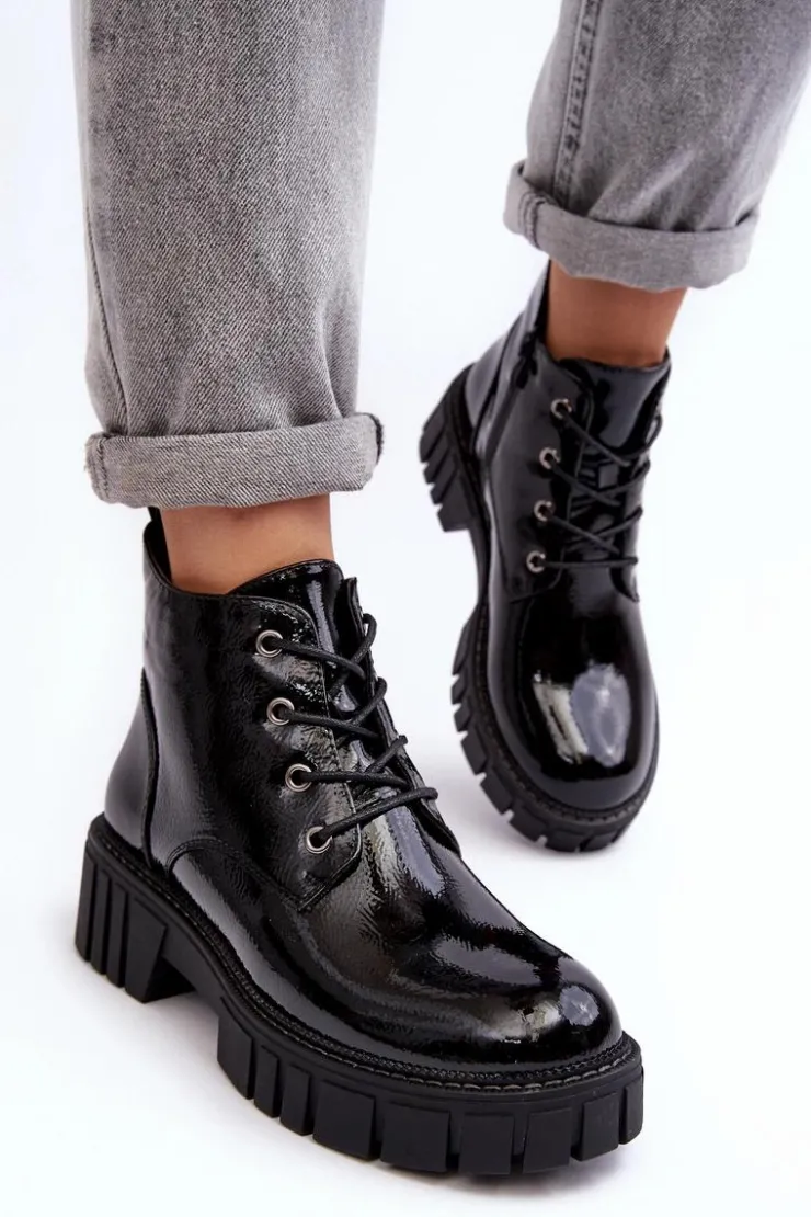 Buty Sergio Leone Botki Sznurowane|Czarne Botki*Lakierowane Ocieplane Botki Sznurowane Czarne Bjorg