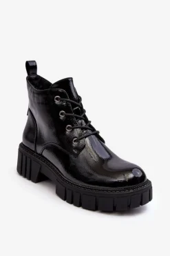 Buty Sergio Leone Botki Sznurowane|Czarne Botki*Lakierowane Ocieplane Botki Sznurowane Czarne Bjorg