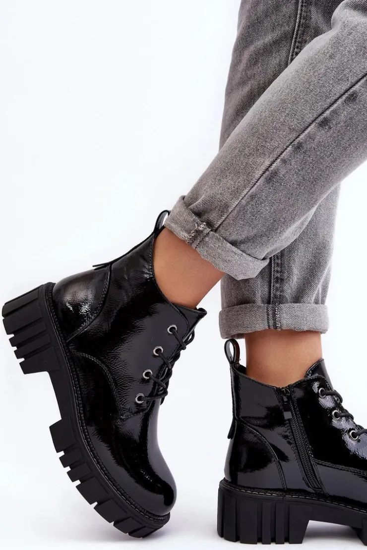 Buty Sergio Leone Botki Sznurowane|Czarne Botki*Lakierowane Ocieplane Botki Sznurowane Czarne Bjorg