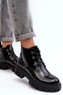 Buty Sergio Leone Botki Sznurowane|Czarne Botki*Lakierowane Ocieplane Botki Sznurowane Czarne Bjorg