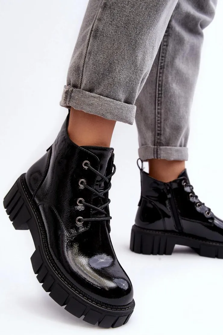 Buty Sergio Leone Botki Sznurowane|Czarne Botki*Lakierowane Ocieplane Botki Sznurowane Czarne Bjorg