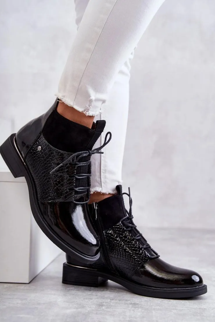 Buty damskie Vinceza Botki Sznurowane|Czarne Botki*Lakierowane Ocieplane Botki Sznurowane Czarne Cathrine
