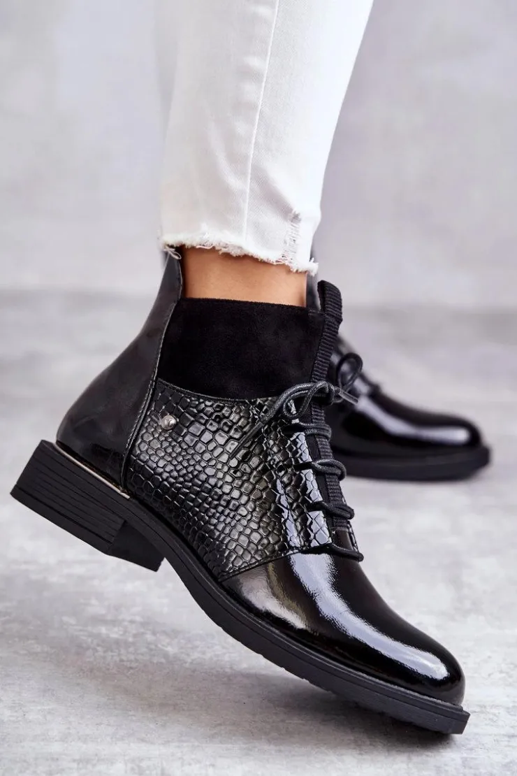 Buty damskie Vinceza Botki Sznurowane|Czarne Botki*Lakierowane Ocieplane Botki Sznurowane Czarne Cathrine