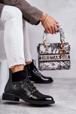 Buty damskie Vinceza Botki Sznurowane|Czarne Botki*Lakierowane Ocieplane Botki Sznurowane Czarne Cathrine