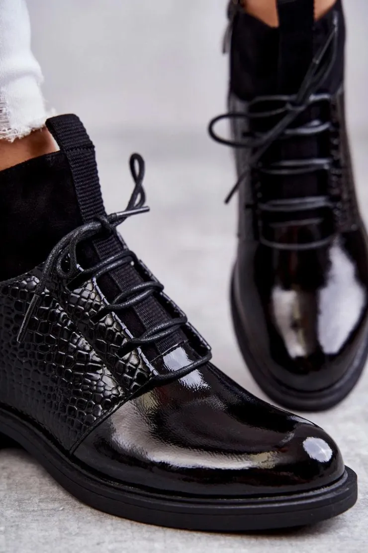 Buty damskie Vinceza Botki Sznurowane|Czarne Botki*Lakierowane Ocieplane Botki Sznurowane Czarne Cathrine