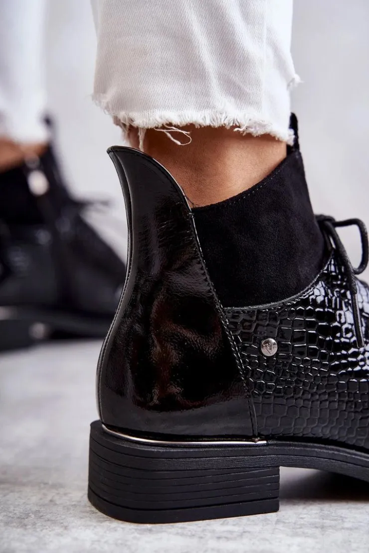 Buty damskie Vinceza Botki Sznurowane|Czarne Botki*Lakierowane Ocieplane Botki Sznurowane Czarne Cathrine