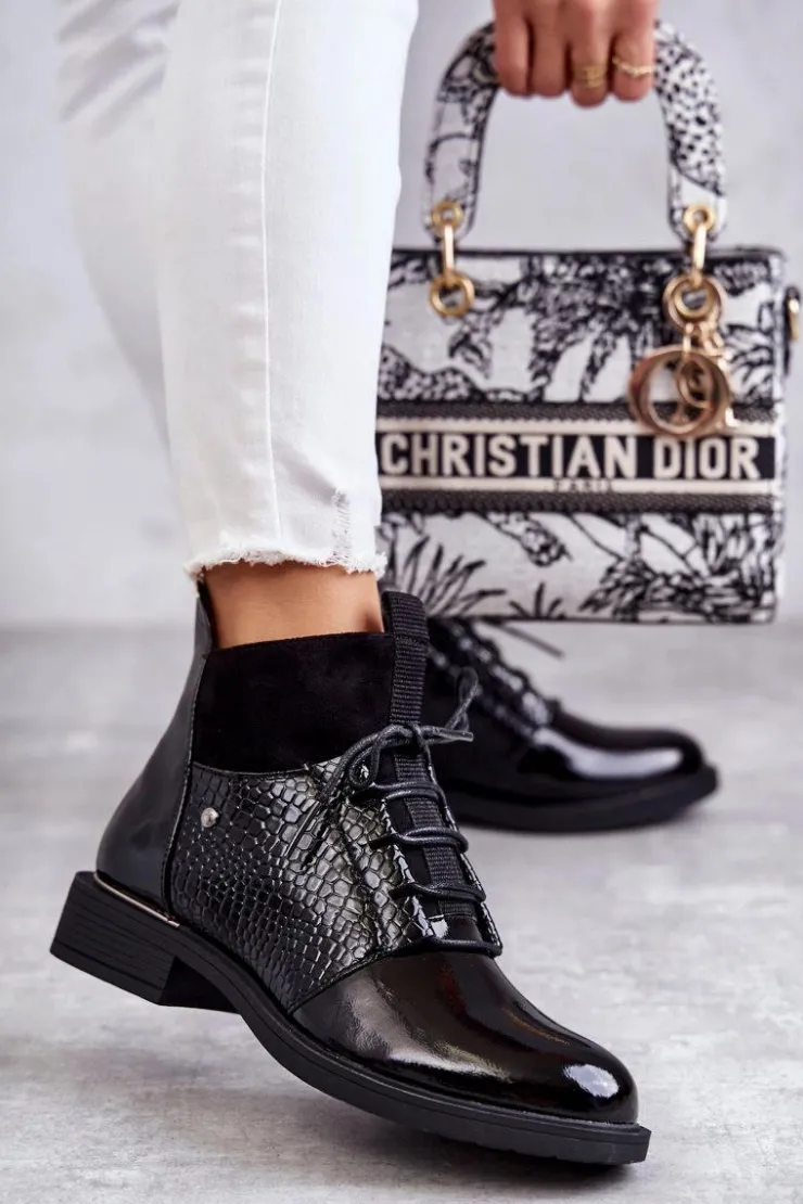 Buty damskie Vinceza Botki Sznurowane|Czarne Botki*Lakierowane Ocieplane Botki Sznurowane Czarne Cathrine