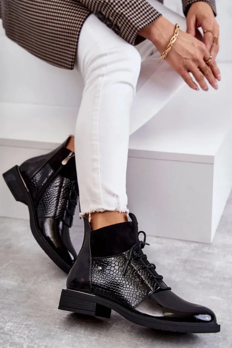 Buty damskie Vinceza Botki Sznurowane|Czarne Botki*Lakierowane Ocieplane Botki Sznurowane Czarne Cathrine