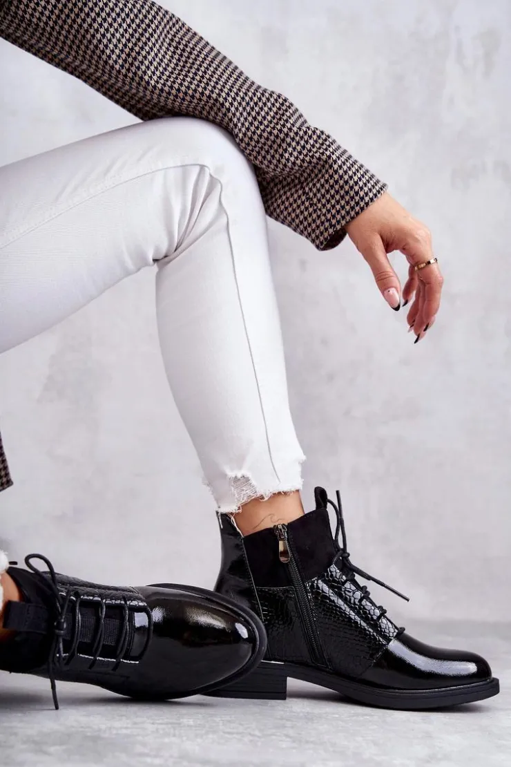 Buty damskie Vinceza Botki Sznurowane|Czarne Botki*Lakierowane Ocieplane Botki Sznurowane Czarne Cathrine