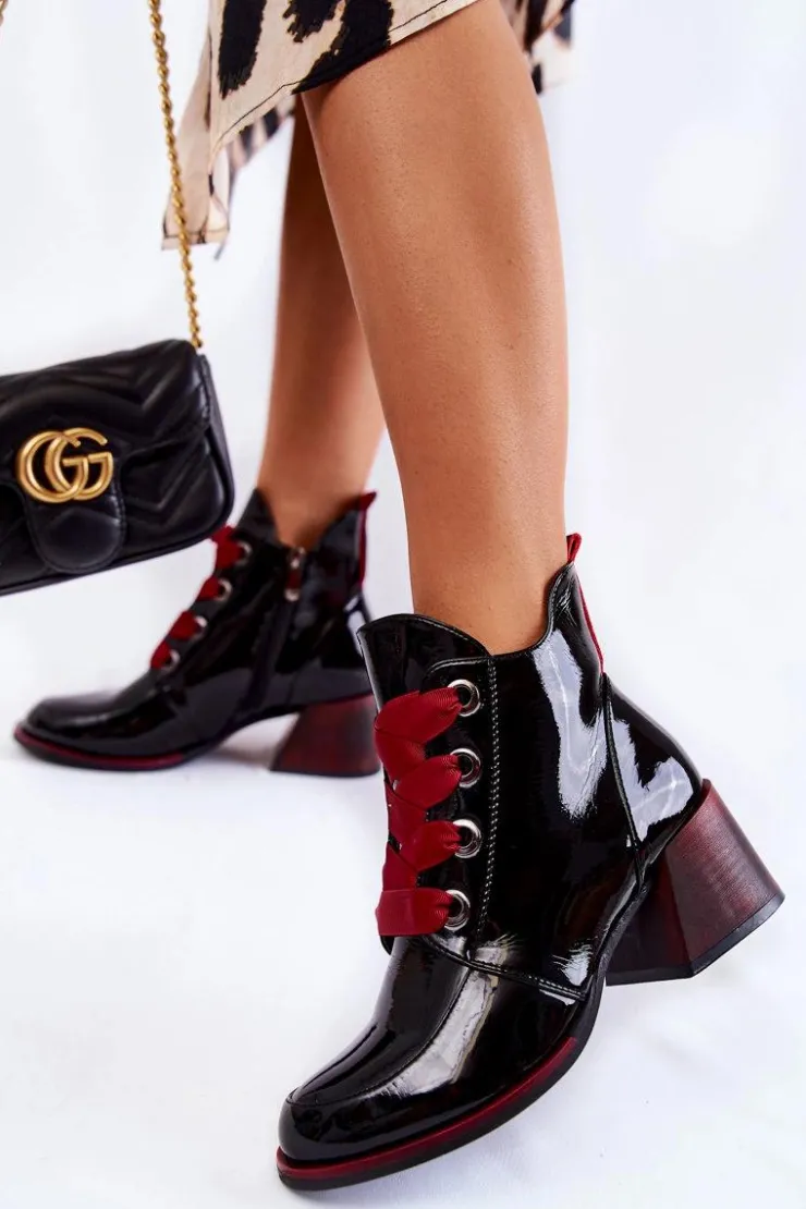 Best Buty damskie Vinceza Lakierowane Ocieplane Botki Sznurowane Czarne Tove