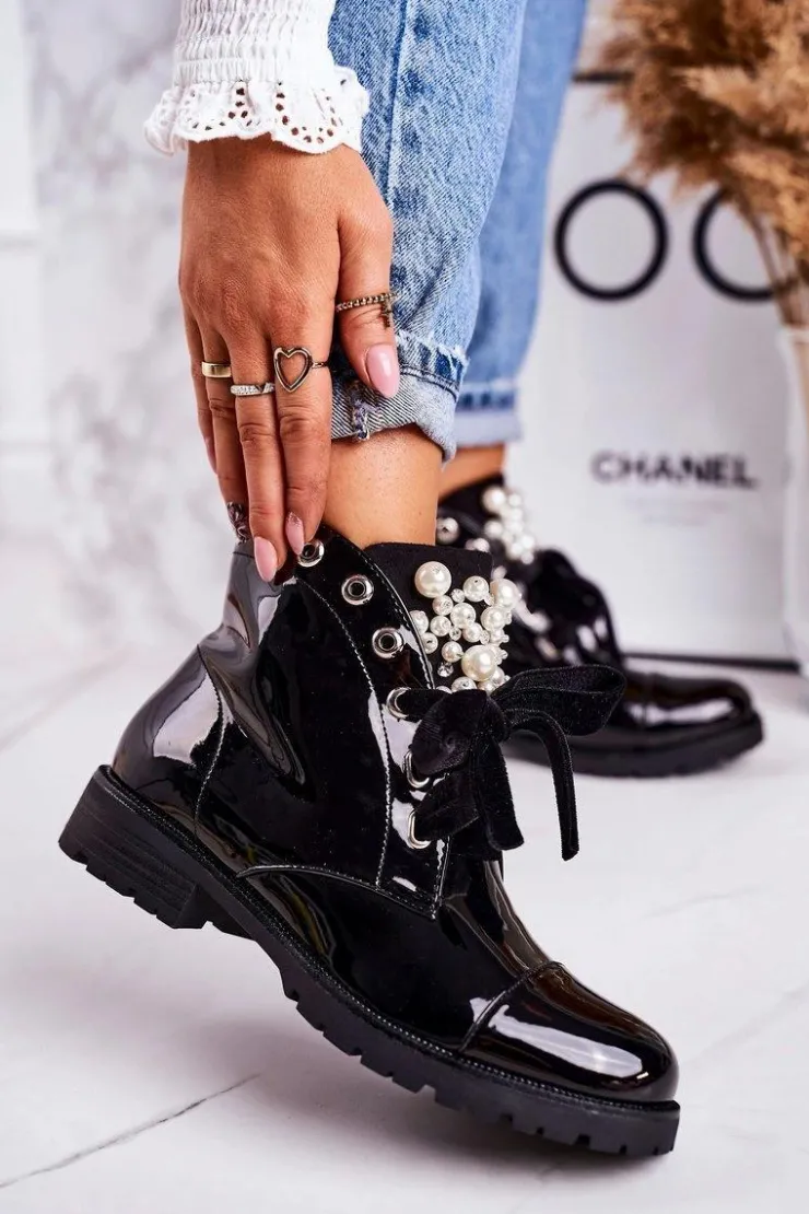 Boto Botki Sznurowane|Czarne Botki*Lakierowane Ocieplane Botki Z Perełkami I Wstążką Czarne Perla