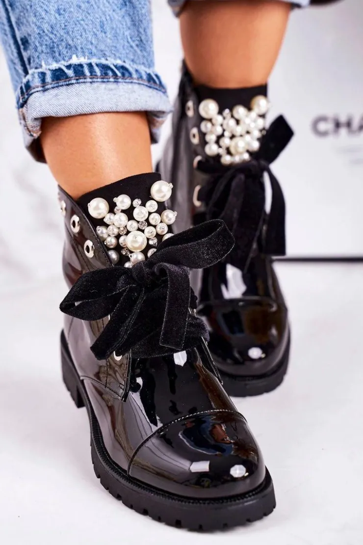 Boto Botki Sznurowane|Czarne Botki*Lakierowane Ocieplane Botki Z Perełkami I Wstążką Czarne Perla