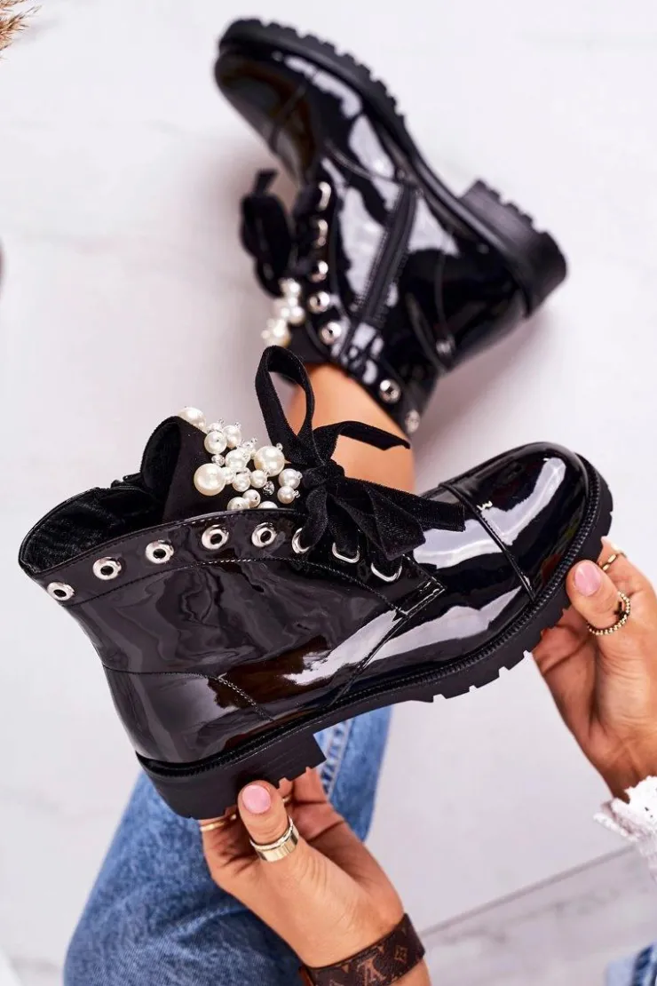 Boto Botki Sznurowane|Czarne Botki*Lakierowane Ocieplane Botki Z Perełkami I Wstążką Czarne Perla