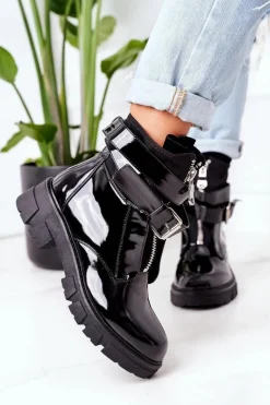 Damskie Boto Lakierowane Ocieplane Botki Workery Czarne Not Realy