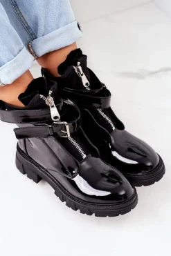 Damskie Boto Lakierowane Ocieplane Botki Workery Czarne Not Realy