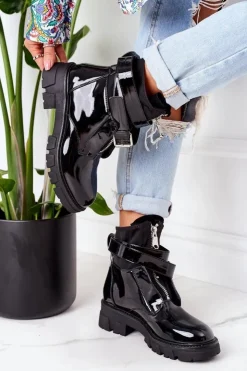 Damskie Boto Lakierowane Ocieplane Botki Workery Czarne Not Realy