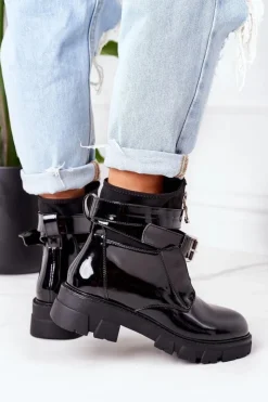 Damskie Boto Lakierowane Ocieplane Botki Workery Czarne Not Realy