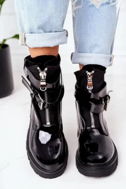 Damskie Boto Lakierowane Ocieplane Botki Workery Czarne Not Realy