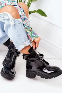 Damskie Boto Lakierowane Ocieplane Botki Workery Czarne Not Realy