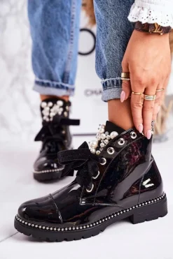 Damskie Boto Lakierowane Ocieplane Botki Z Perełkami, Dżetami I Wstążką Czarne Perla