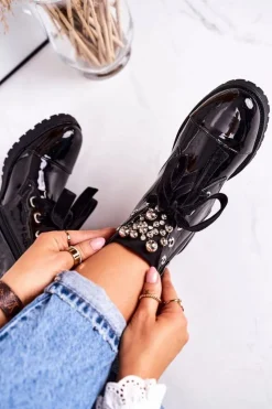 New Boto Lakierowane Ocieplane Botki Z Metalowymi Perełkami I Wstążką Czarne Perla