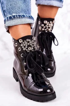 New Boto Lakierowane Ocieplane Botki Z Metalowymi Perełkami I Wstążką Czarne Perla