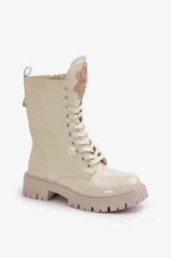 Online Boto Lakierowane Ocieplane Botki Workery Z Ozdobą Beżowe Kelilea Beżowy