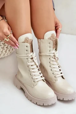 Online Boto Lakierowane Ocieplane Botki Workery Z Ozdobą Beżowe Kelilea Beżowy