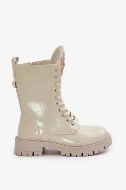 Online Boto Lakierowane Ocieplane Botki Workery Z Ozdobą Beżowe Kelilea Beżowy