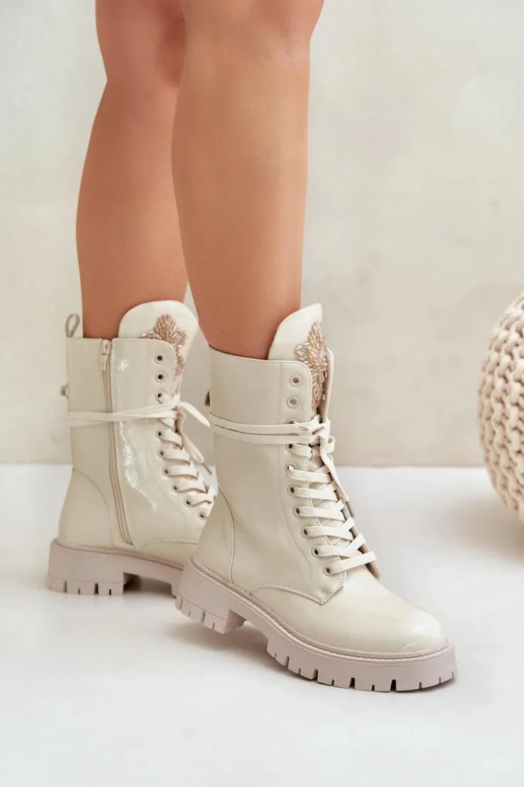 Online Boto Lakierowane Ocieplane Botki Workery Z Ozdobą Beżowe Kelilea Beżowy