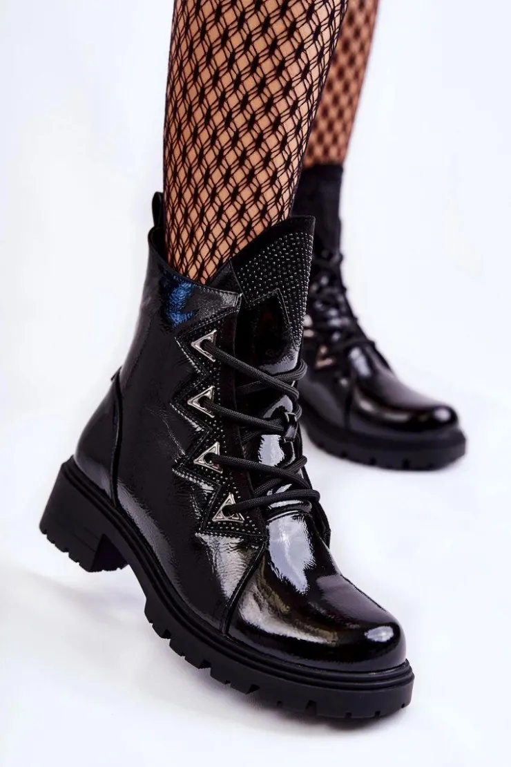 Damskie Damskie buty S.Barski Lakierowane Ocieplane Botki Z Dżetami Czarne Gwen