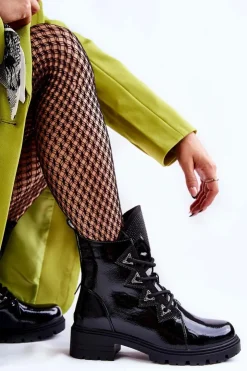 Damskie Damskie buty S.Barski Lakierowane Ocieplane Botki Z Dżetami Czarne Gwen