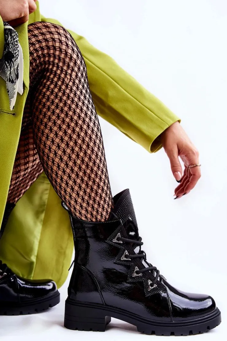 Damskie Damskie buty S.Barski Lakierowane Ocieplane Botki Z Dżetami Czarne Gwen