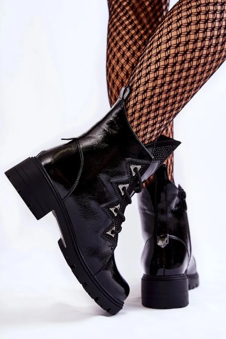 Damskie Damskie buty S.Barski Lakierowane Ocieplane Botki Z Dżetami Czarne Gwen