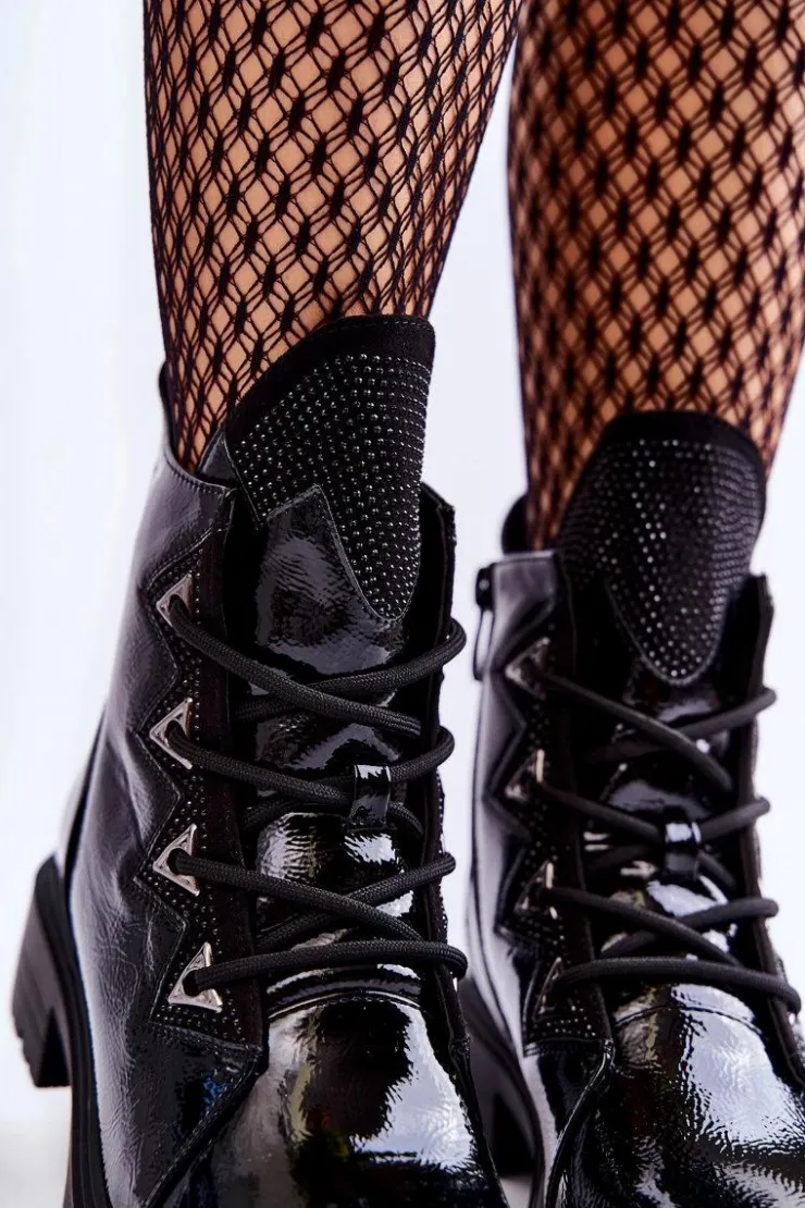 Damskie Damskie buty S.Barski Lakierowane Ocieplane Botki Z Dżetami Czarne Gwen