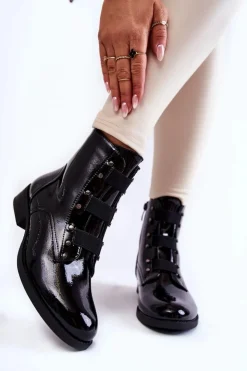 Damskie Damskie buty S.Barski Lakierowane Ocieplane Botki Na Płaskim Obcasie Czarne Geira