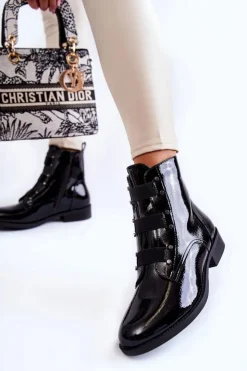 Damskie Damskie buty S.Barski Lakierowane Ocieplane Botki Na Płaskim Obcasie Czarne Geira