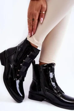 Damskie Damskie buty S.Barski Lakierowane Ocieplane Botki Na Płaskim Obcasie Czarne Geira