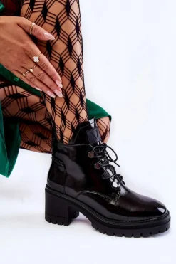 Buty damskie Vinceza Botki Sznurowane|Czarne Botki*Lakierowane Ocieplane Botki Sznurowane Czarne Ragnhild