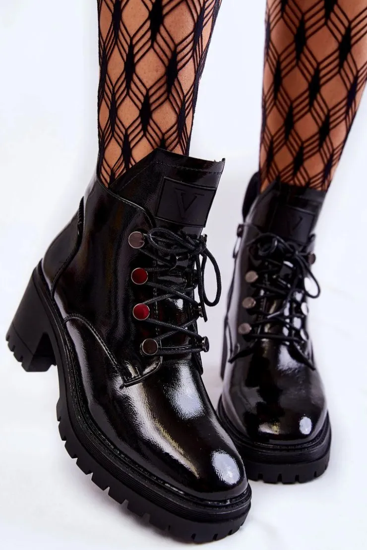 Buty damskie Vinceza Botki Sznurowane|Czarne Botki*Lakierowane Ocieplane Botki Sznurowane Czarne Ragnhild