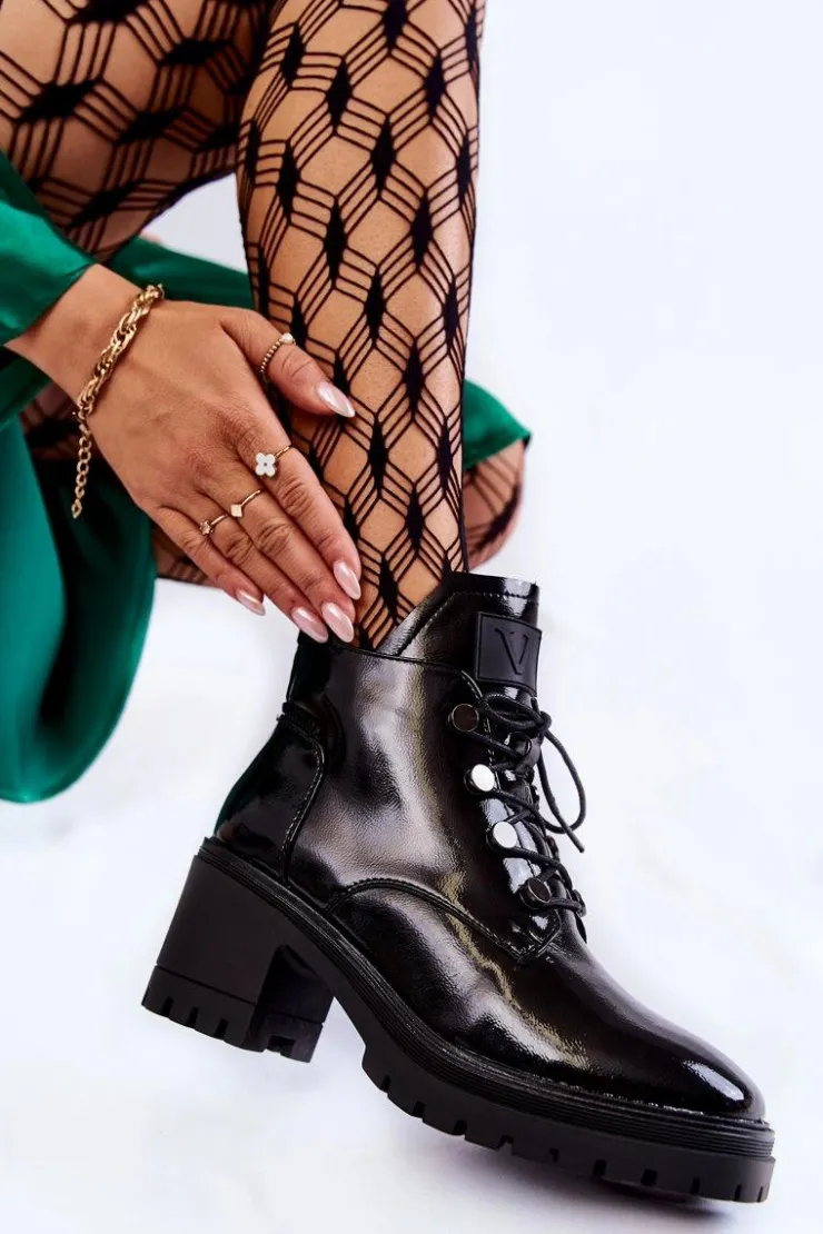 Buty damskie Vinceza Botki Sznurowane|Czarne Botki*Lakierowane Ocieplane Botki Sznurowane Czarne Ragnhild