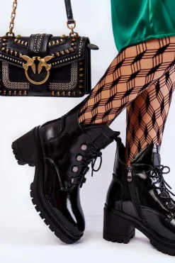 Buty damskie Vinceza Botki Sznurowane|Czarne Botki*Lakierowane Ocieplane Botki Sznurowane Czarne Ragnhild