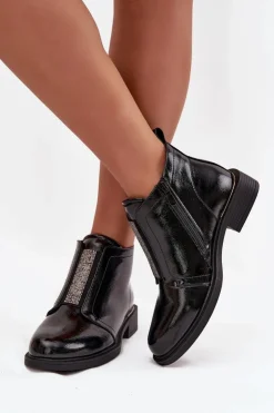 Damskie buty S.Barski Botki Ocieplane|Czarne Botki*Lakierowane Ocieplane Botki Damskie Na Niskim Obcasie S.Barski HY52-506 Czarne