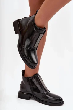 Damskie buty S.Barski Botki Ocieplane|Czarne Botki*Lakierowane Ocieplane Botki Damskie Na Niskim Obcasie S.Barski HY52-506 Czarne