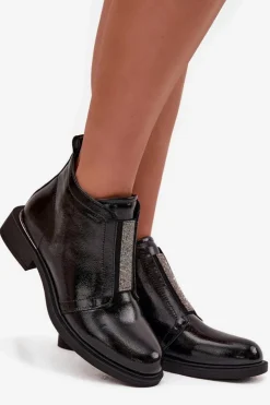 Damskie buty S.Barski Botki Ocieplane|Czarne Botki*Lakierowane Ocieplane Botki Damskie Na Niskim Obcasie S.Barski HY52-506 Czarne