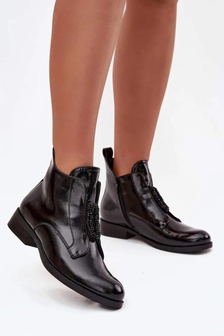 Best Damskie buty S.Barski Lakierowane Ocieplane Botki Damskie Z Ozdobnym Detalem S.Barski HY52-525 Czarne