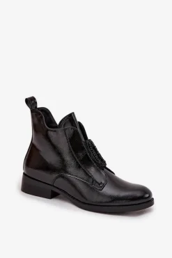 Best Damskie buty S.Barski Lakierowane Ocieplane Botki Damskie Z Ozdobnym Detalem S.Barski HY52-525 Czarne